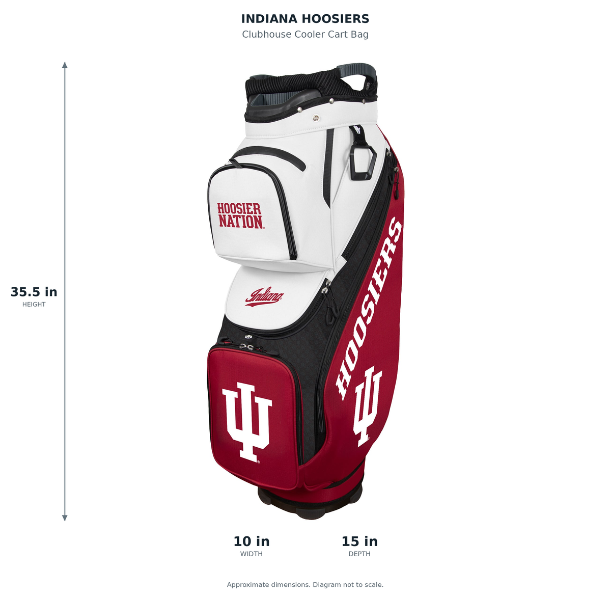 Indiana Hoosiers Clubhouse Cooler Cart Bag - approximate dimensions: 35.5 inches high, 10 inches wide, 15 inches deep