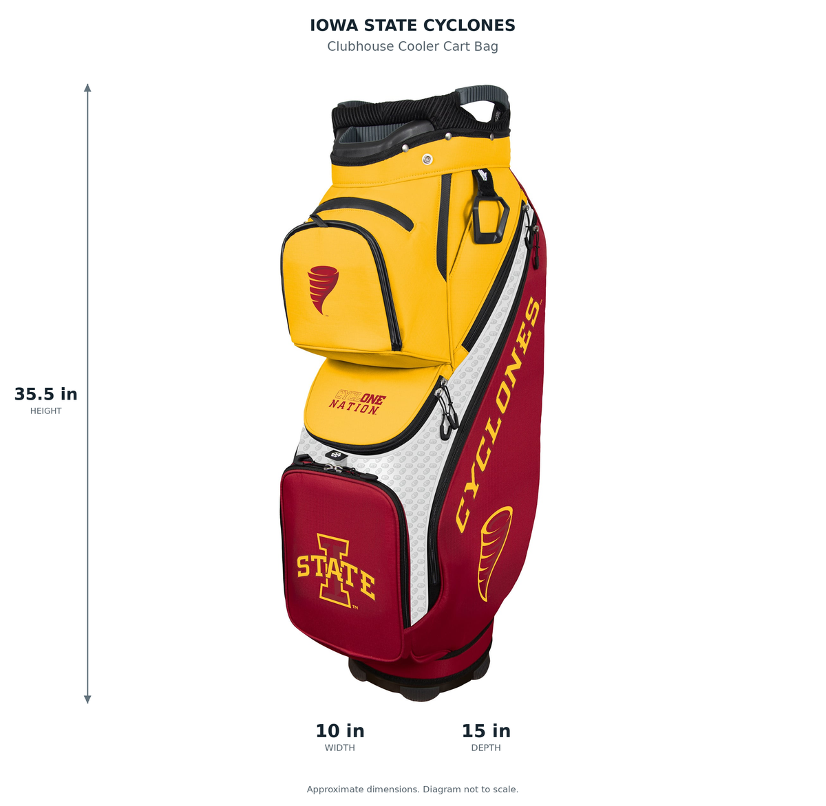 Iowa State Cyclones Clubhouse Cooler Cart Bag - approximate dimensions: 35.5 inches high, 10 inches wide, 15 inches deep