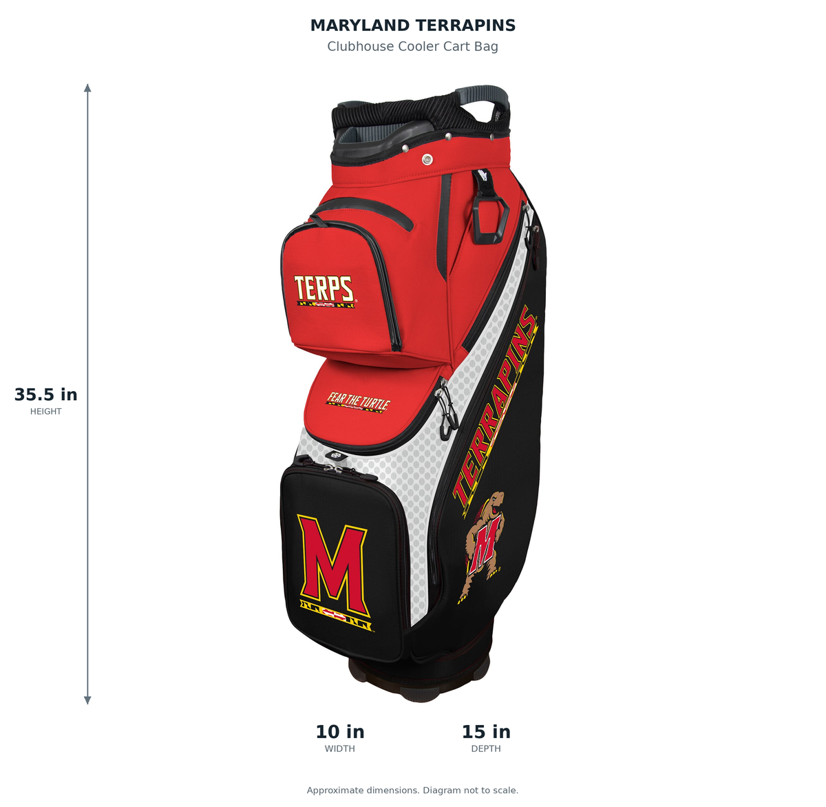 Maryland Terrapins Clubhouse Cooler Cart Bag - approximate dimensions: 35.5 inches high, 10 inches wide, 15 inches deep