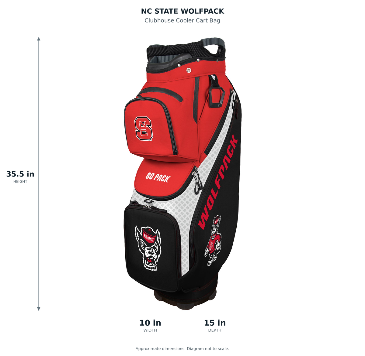NC State Wolfpack Clubhouse Cooler Cart Bag - approximate dimensions: 35.5 inches high, 10 inches wide, 15 inches deep