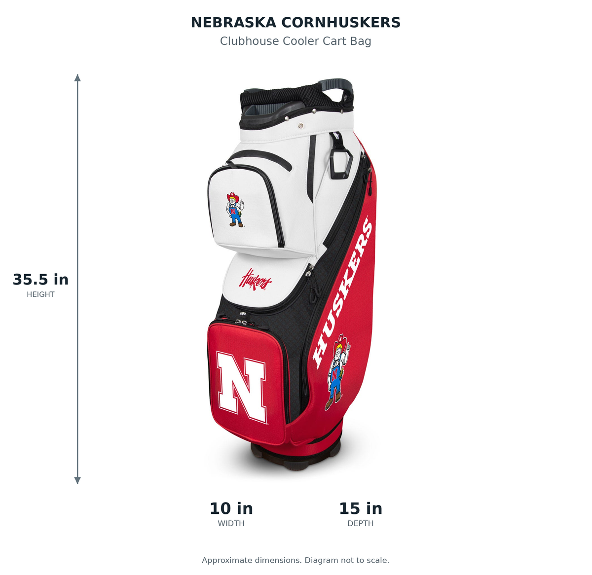Nebraska Cornhuskers Clubhouse Cooler Cart Bag - approximate dimensions: 35.5 inches high, 10 inches wide, 15 inches deep