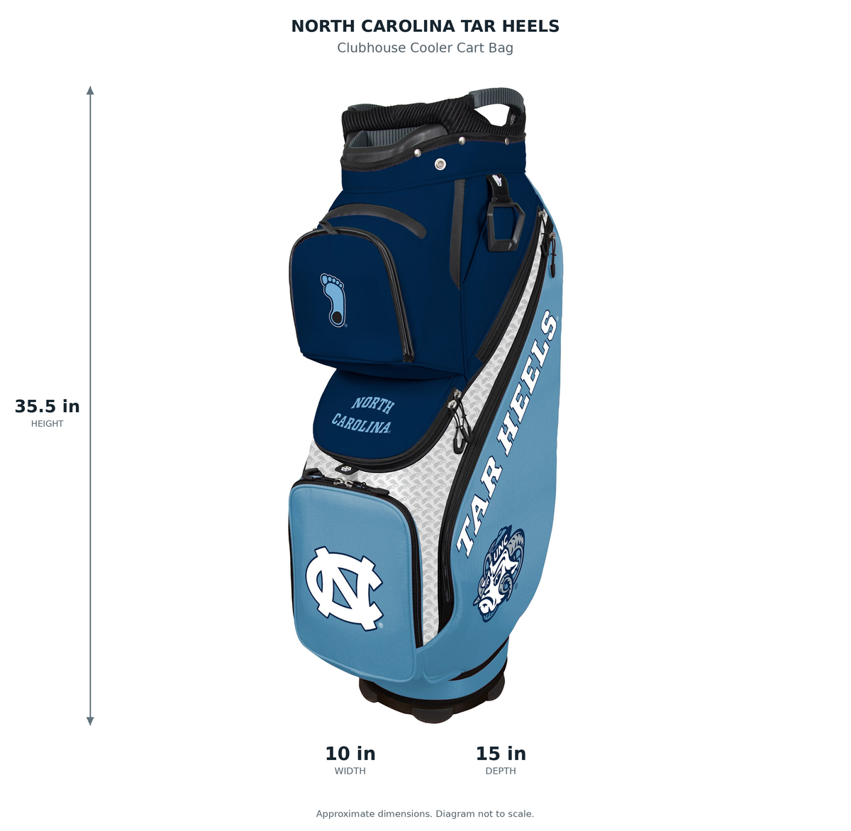 North Carolina Tar Heels Clubhouse Cooler Cart Bag - approximate dimensions: 35.5 inches high, 10 inches wide, 15 inches deep