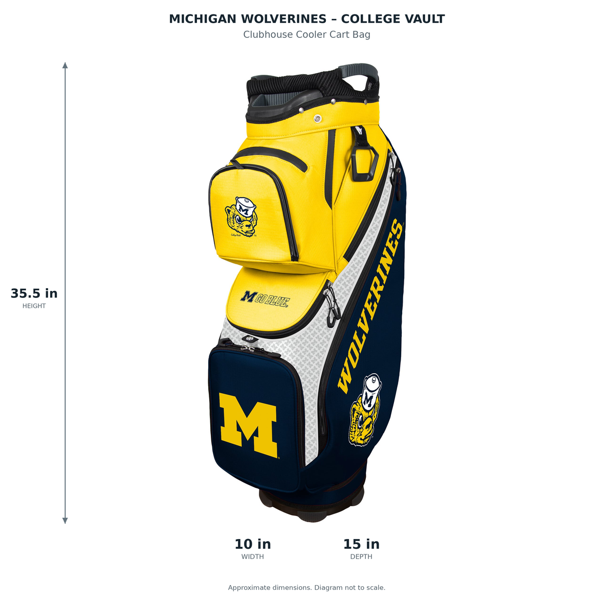 Michigan Wolverines – College Vault Clubhouse Cooler Cart Bag - approximate dimensions: 35.5 inches high, 10 inches wide, 15 inches deep