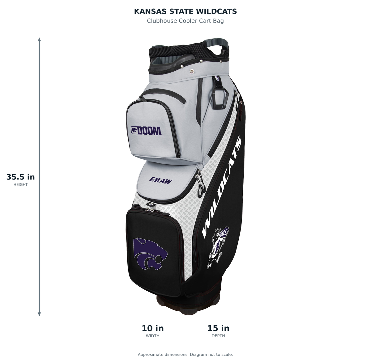 Kansas State Wildcats Clubhouse Cooler Cart Bag - approximate dimensions: 35.5 inches high, 10 inches wide, 15 inches deep