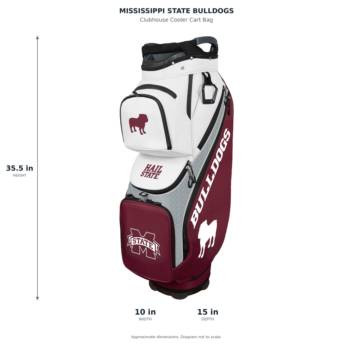 Mississippi State Bulldogs Clubhouse Cooler Cart Bag - approximate dimensions: 35.5 inches high, 10 inches wide, 15 inches deep