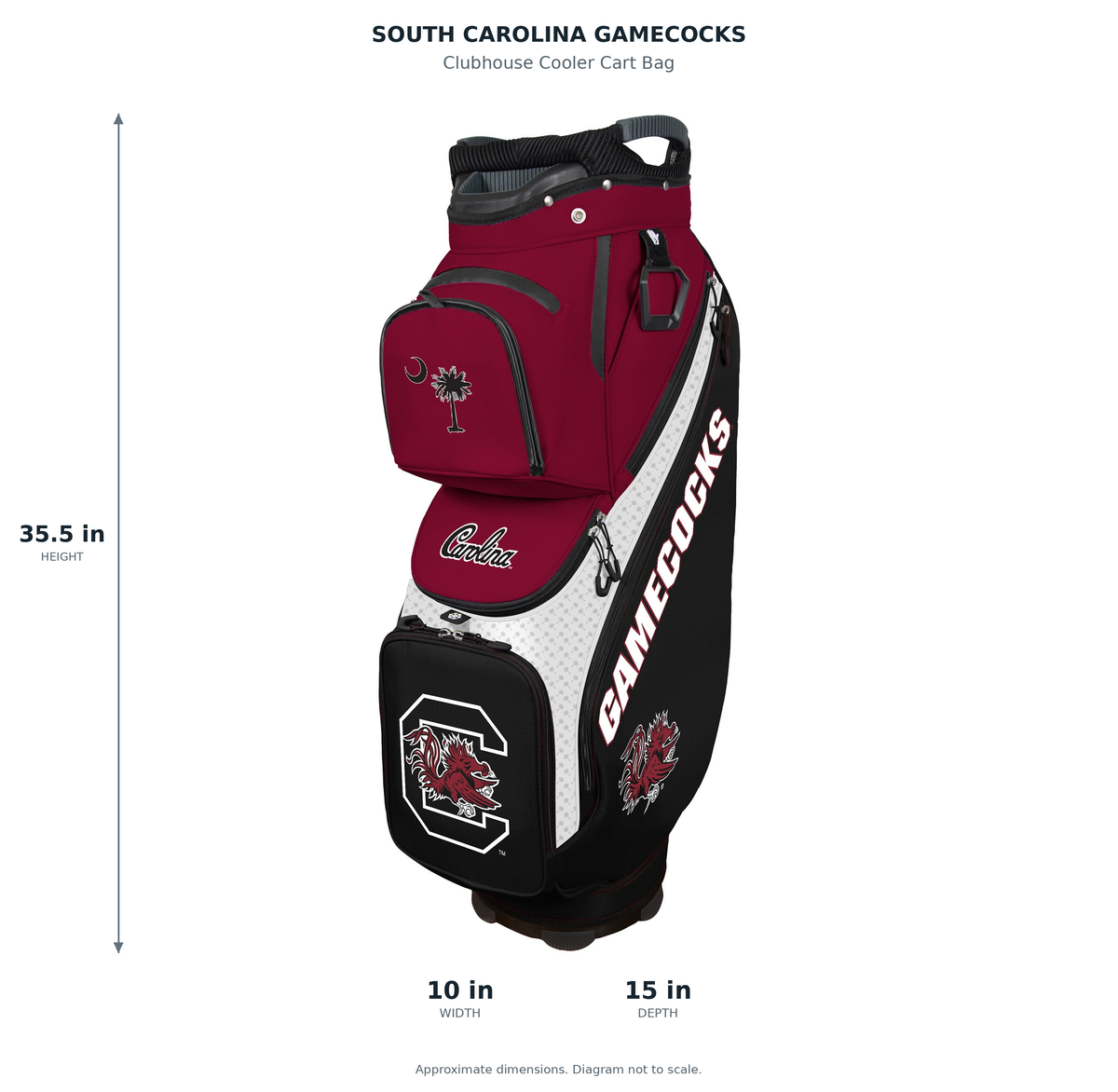 South Carolina Gamecocks Clubhouse Cooler Cart Bag - approximate dimensions: 35.5 inches high, 10 inches wide, 15 inches deep