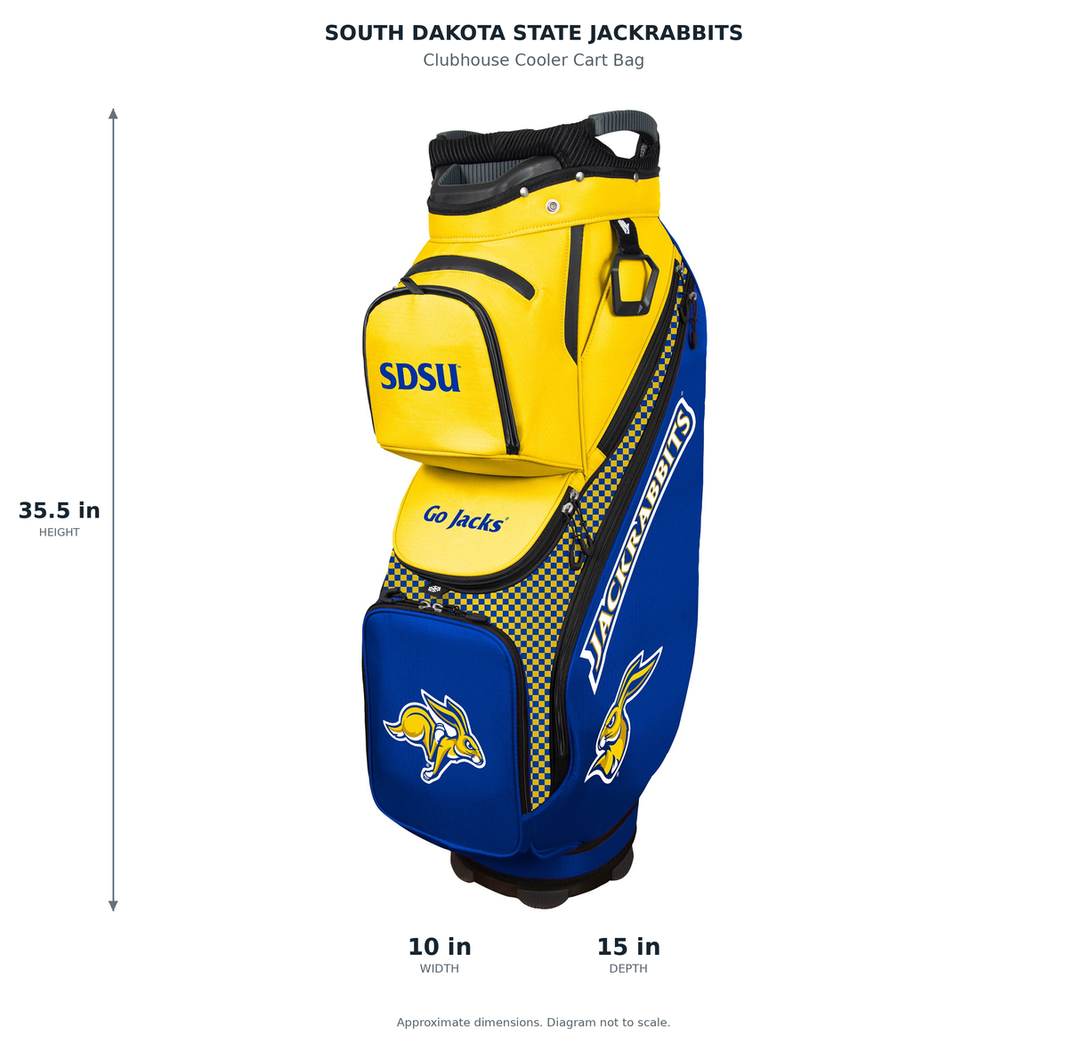 South Dakota State Jackrabbits Clubhouse Cooler Cart Bag - approximate dimensions: 35.5 inches high, 10 inches wide, 15 inches deep
