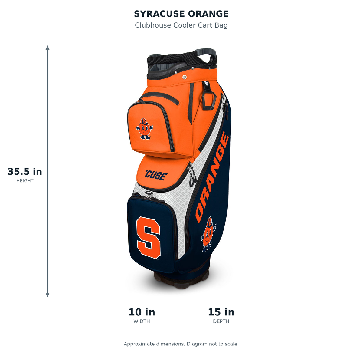 Syracuse Orange Clubhouse Cooler Cart Bag - approximate dimensions: 35.5 inches high, 10 inches wide, 15 inches deep