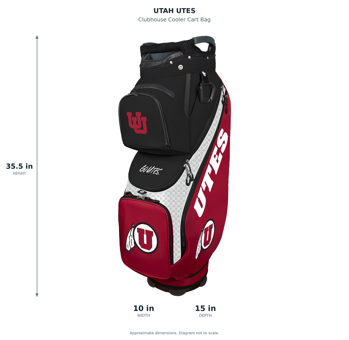 Utah Utes Clubhouse Cooler Cart Bag - approximate dimensions: 35.5 inches high, 10 inches wide, 15 inches deep