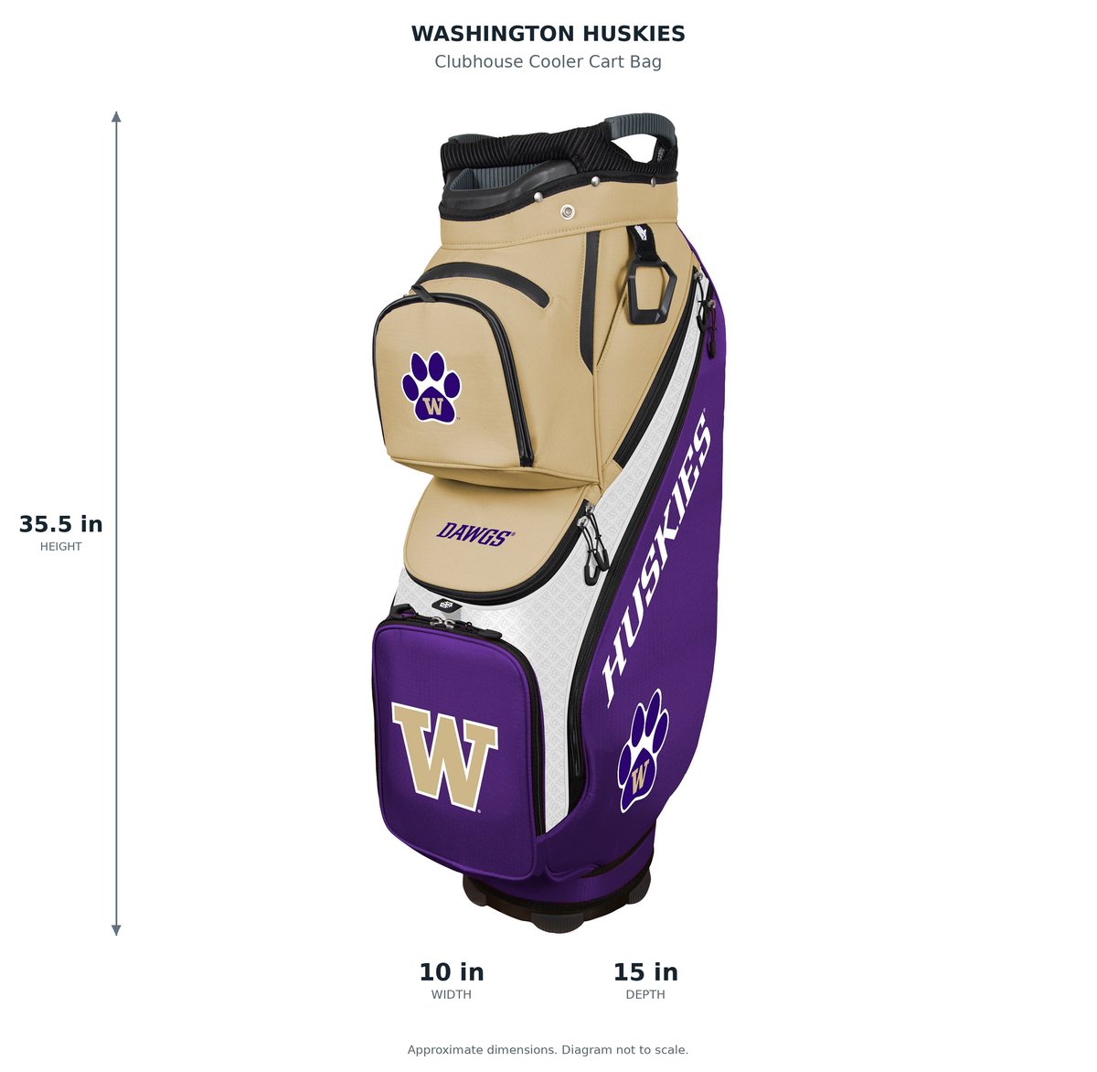 Washington Huskies Clubhouse Cooler Cart Bag - approximate dimensions: 35.5 inches high, 10 inches wide, 15 inches deep