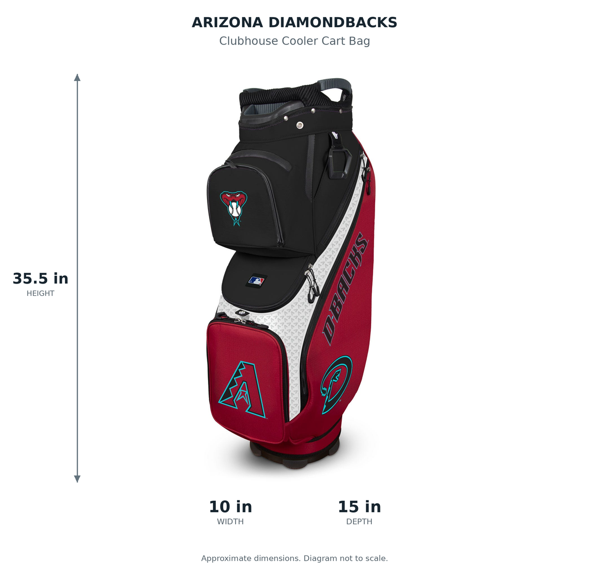 Arizona Diamondbacks Clubhouse Cooler Cart Bag - approximate dimensions: 35.5 inches high, 10 inches wide, 15 inches deep