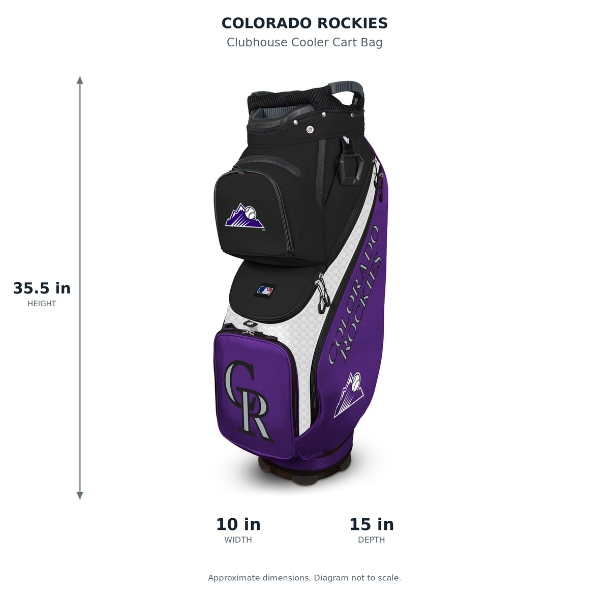 Colorado Rockies Clubhouse Cooler Cart Bag - approximate dimensions: 35.5 inches high, 10 inches wide, 15 inches deep