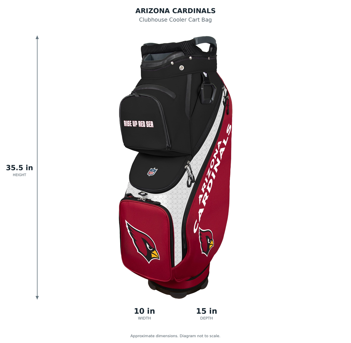 Arizona Cardinals Clubhouse Cooler Cart Bag - approximate dimensions: 35.5 inches high, 10 inches wide, 15 inches deep