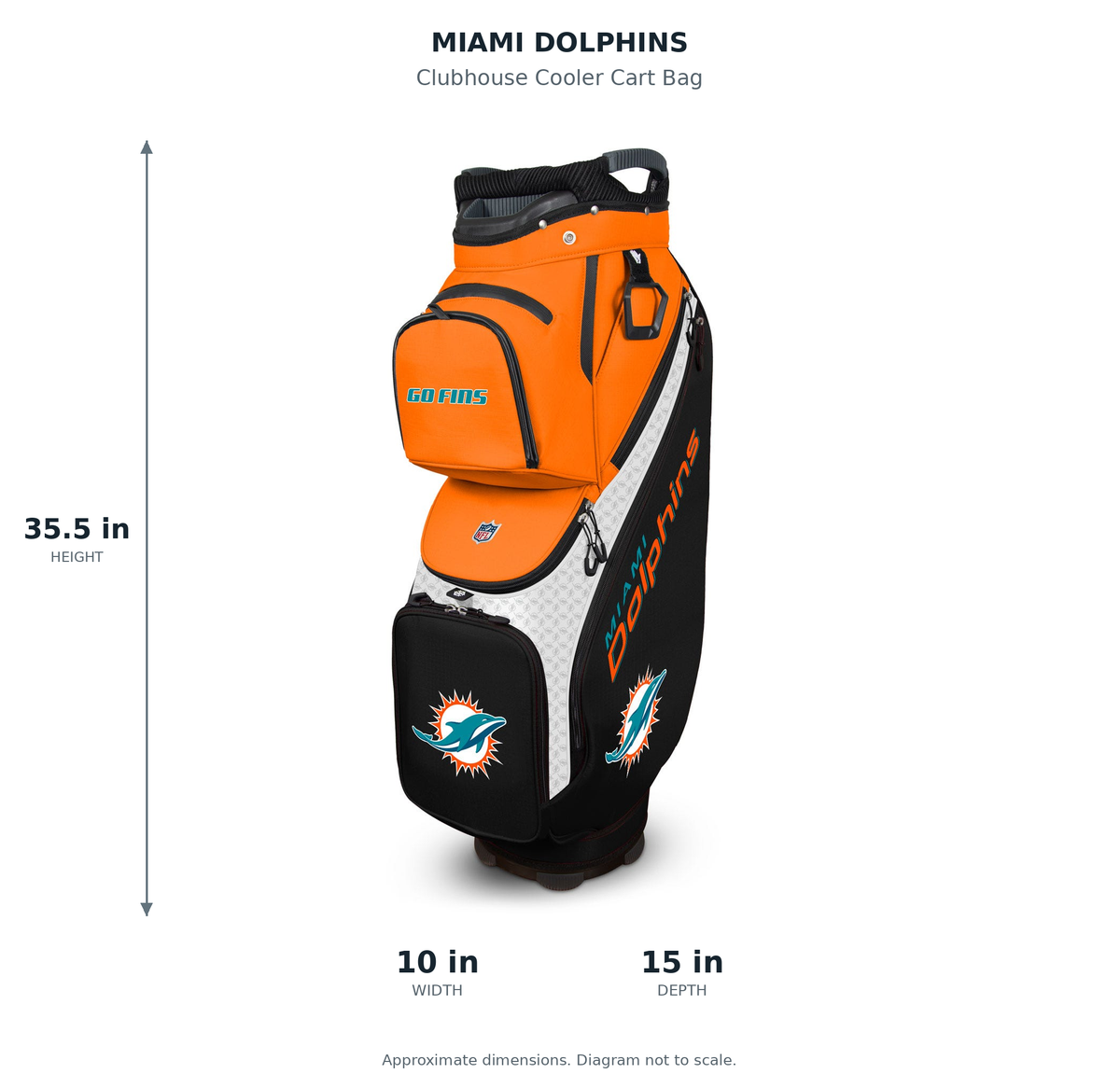 Miami Dolphins Clubhouse Cooler Cart Bag - approximate dimensions: 35.5 inches high, 10 inches wide, 15 inches deep