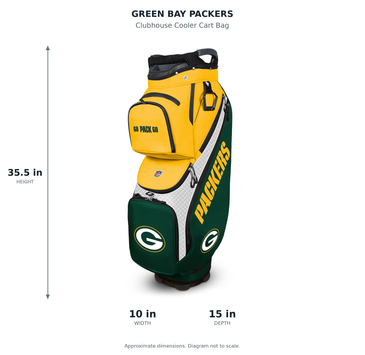Green Bay Packers Clubhouse Cooler Cart Bag - approximate dimensions: 35.5 inches high, 10 inches wide, 15 inches deep