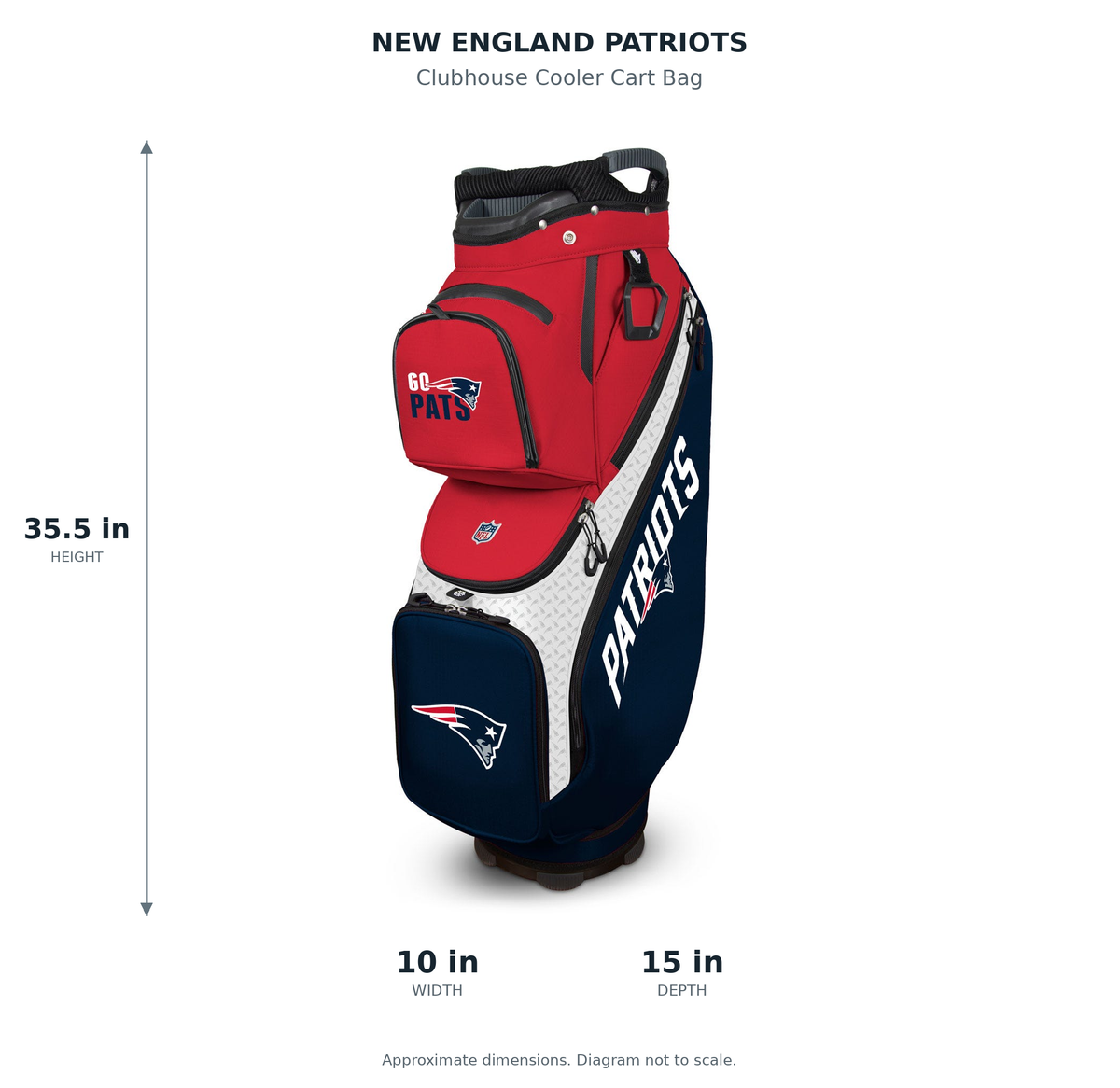 New England Patriots Clubhouse Cooler Cart Bag - approximate dimensions: 35.5 inches high, 10 inches wide, 15 inches deep