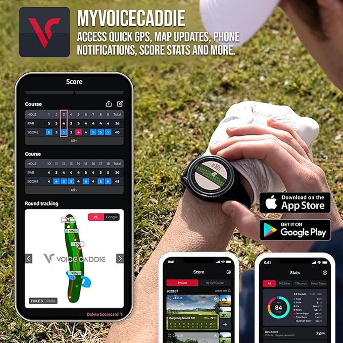 Golfer using a T9 watch with MyVoiceCaddie app graphics