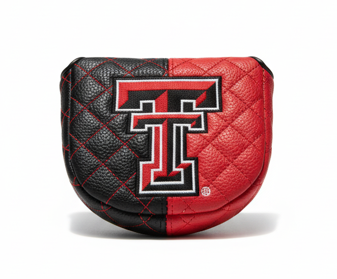 Quilted leather golf club head cover with Texas Tech logo on a white background