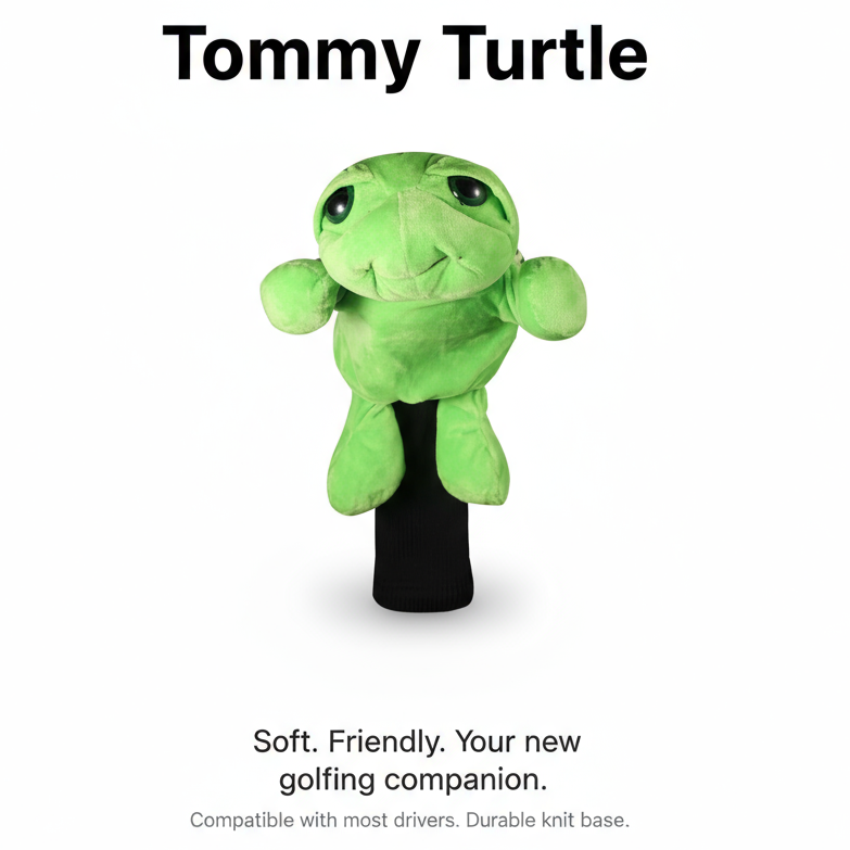 Green plush turtle golf head cover with 'Tommy Turtle' branding on a white background.