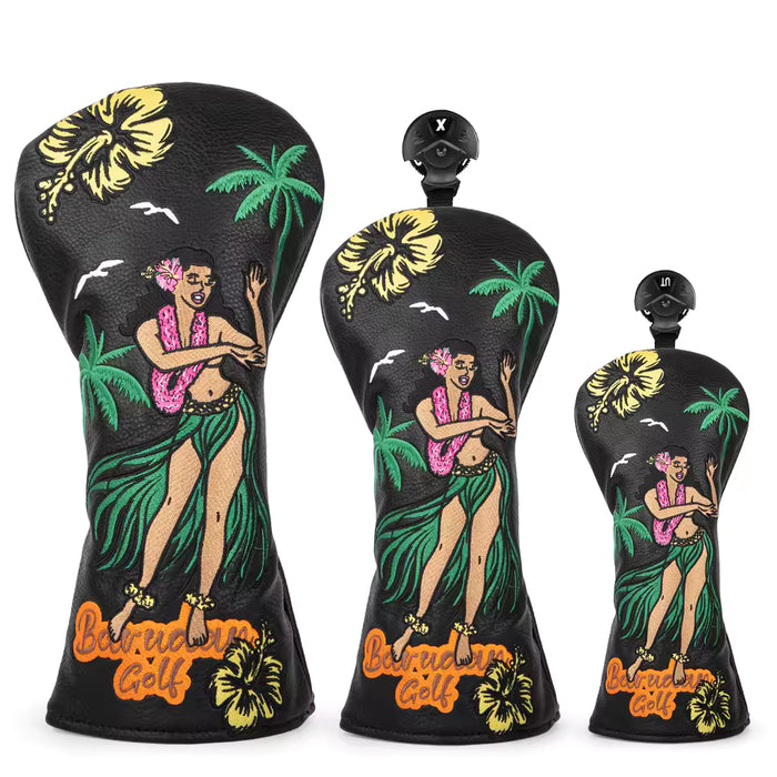 Three golf club head covers with tropical designs and 'Barbarella Golf' branding on a white background.