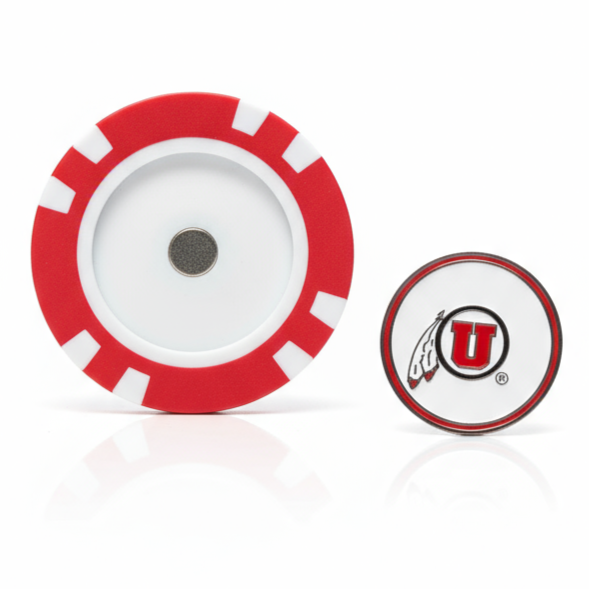 Red and white circular object with a logo on a white background