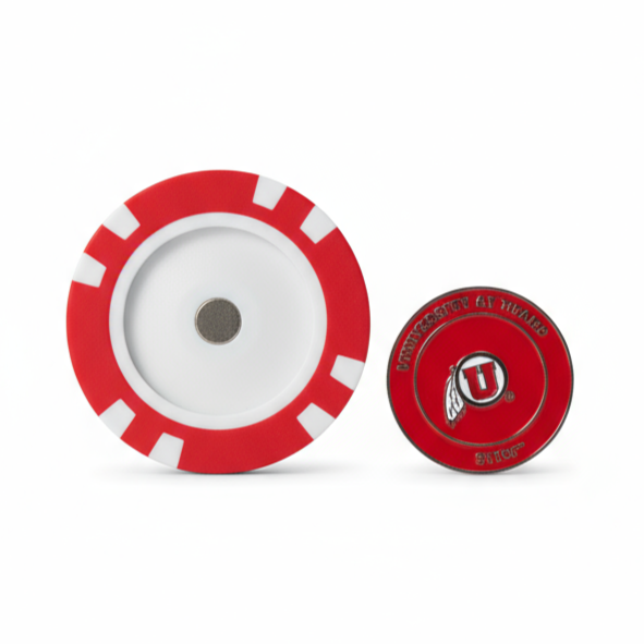 Two red and white circular objects with a logo on a white background