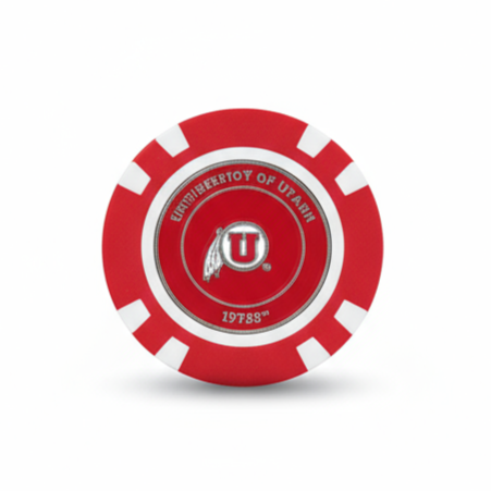 Red and white circular object with a logo on a white background