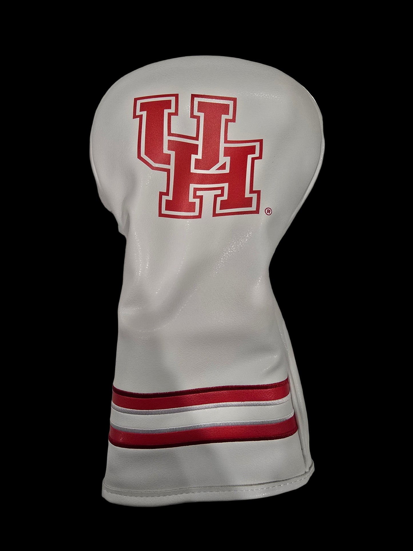 White golf club head cover with red logo and stripes on a light gray background