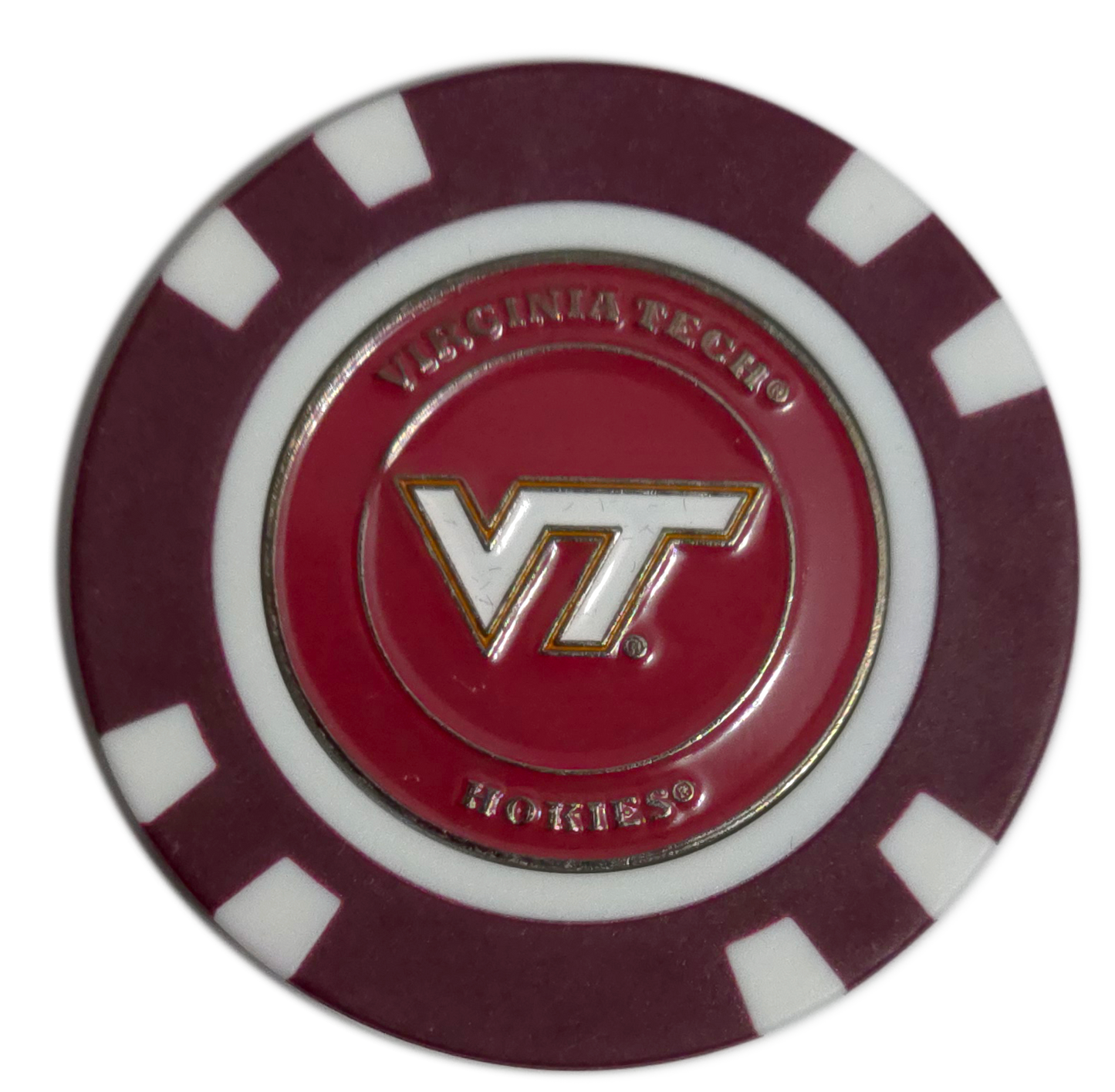 Poker chip with Virginia Tech logo on a white background