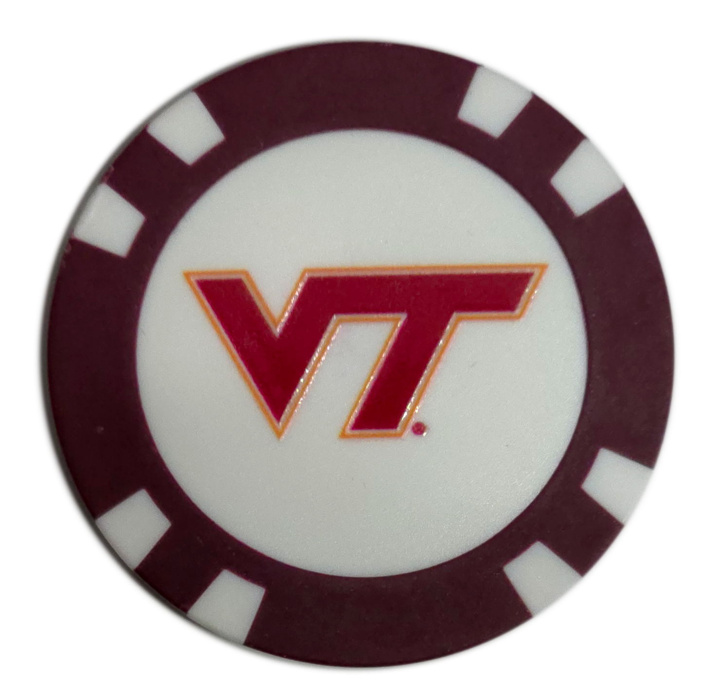 Poker chip with Virginia Tech logo on a white background