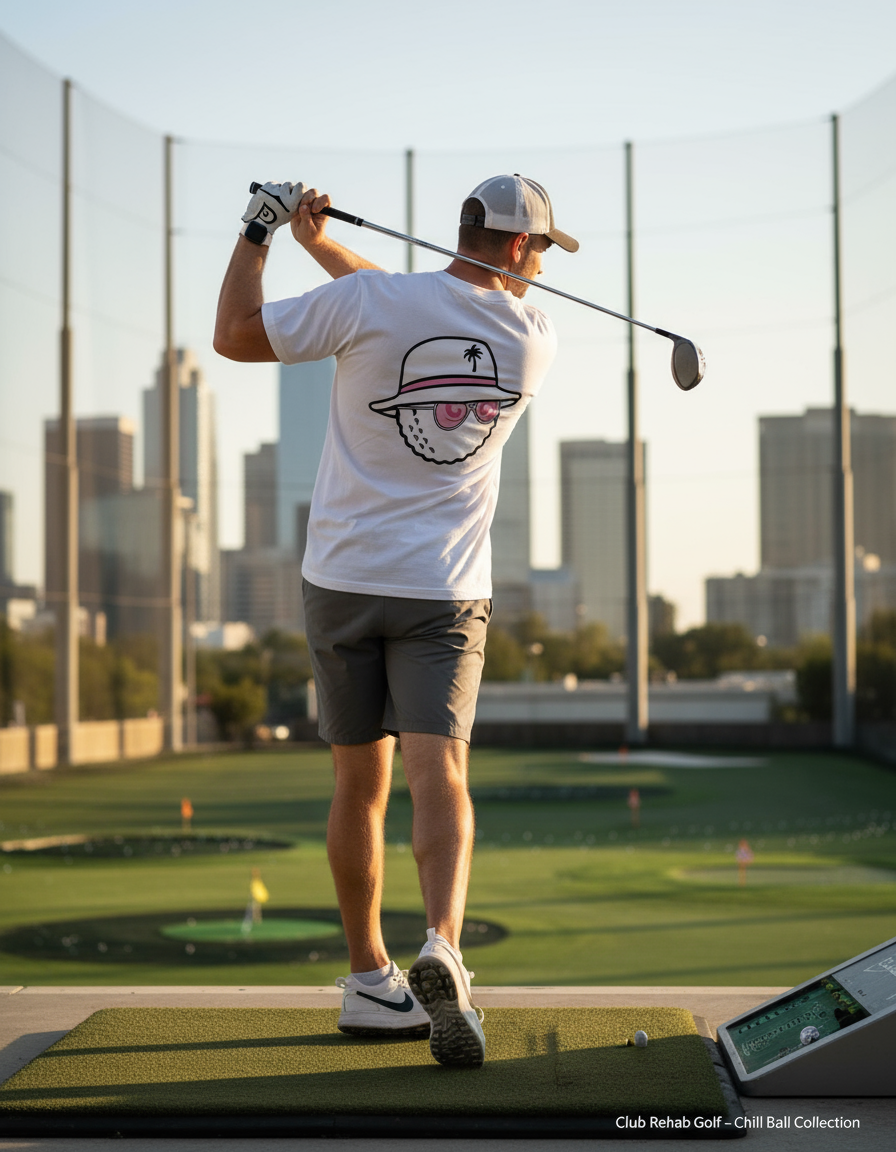 Person practicing golf swings on a driving range with city skyline in the background