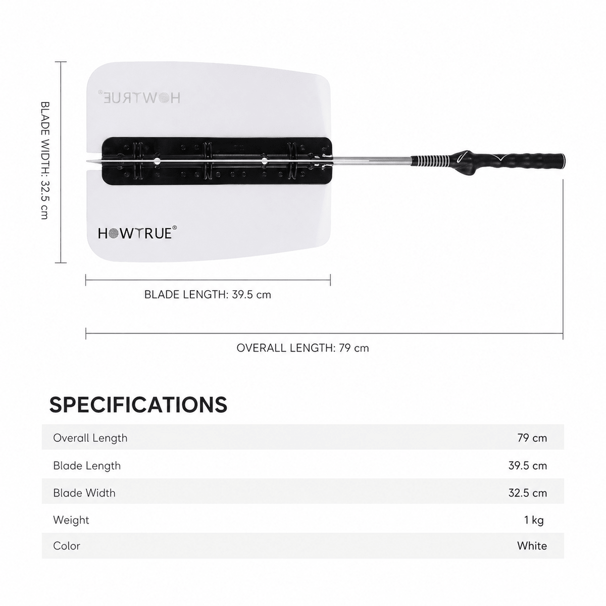 Measurement chart of a blade with specifications on a white background