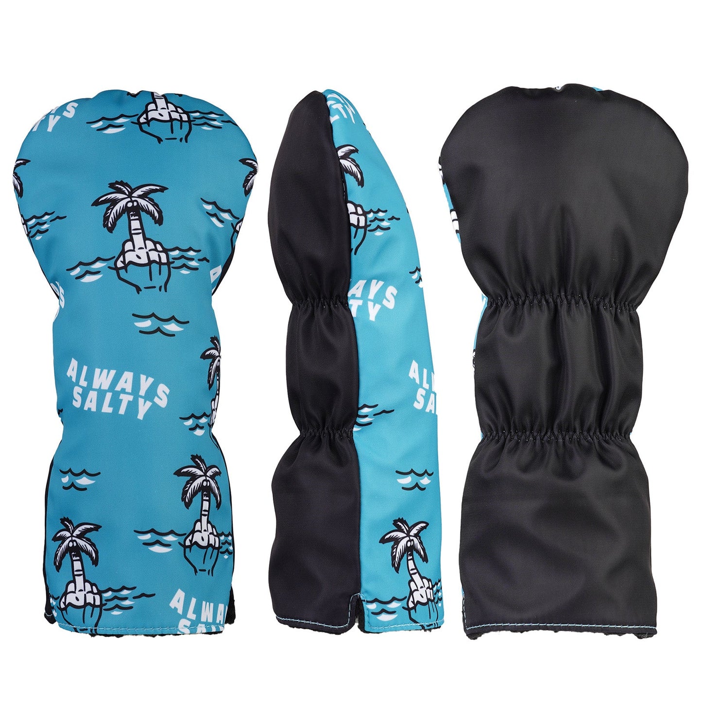 Golf Driver headcover with a blue palm tree and wave pattern on one side and black on the other, featuring 'Always Salty' text.