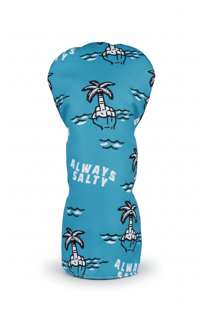 Blue golf club head cover with palm tree and wave design and always salty text
