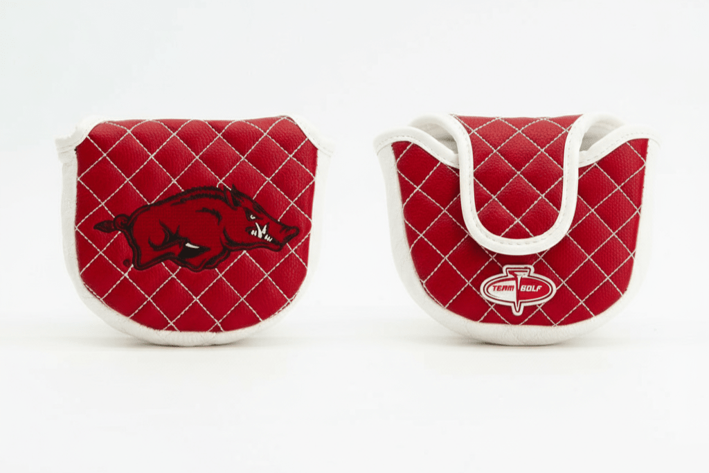 Two red golf bag covers with logos on a white background