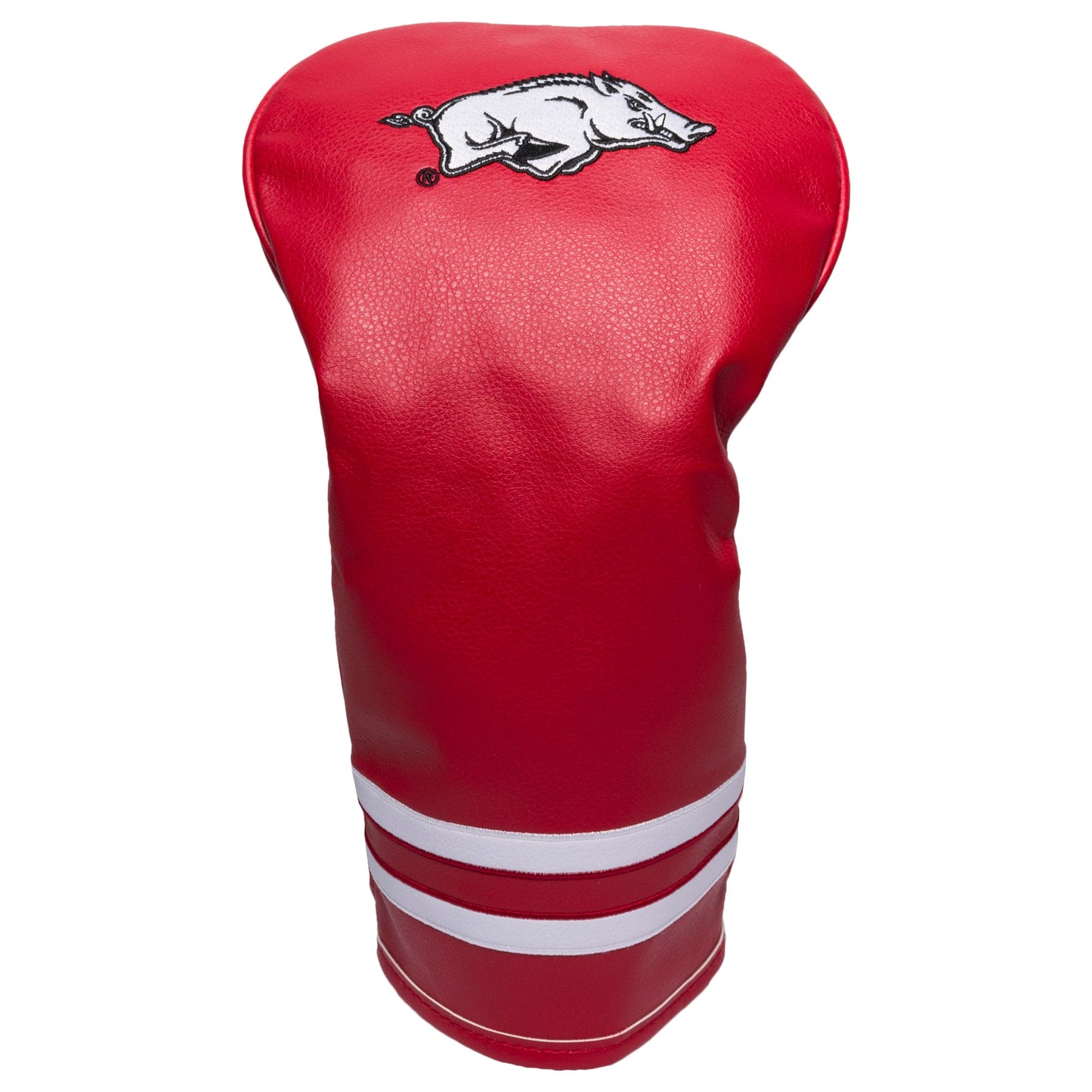 Red golf club head cover with a white logo on a white background