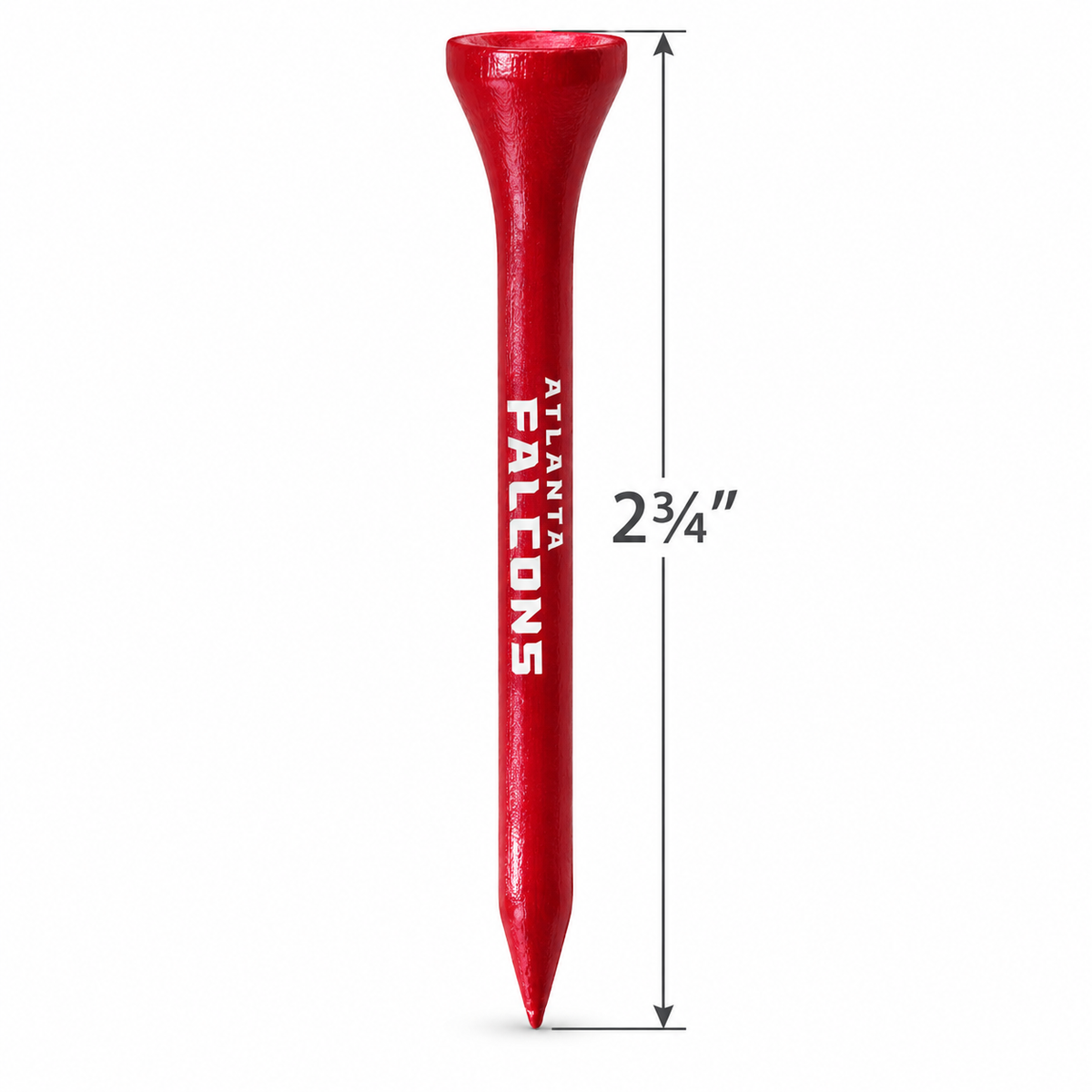 Red Atlanta Falcons golf tee with a 2¾-inch height measurement.