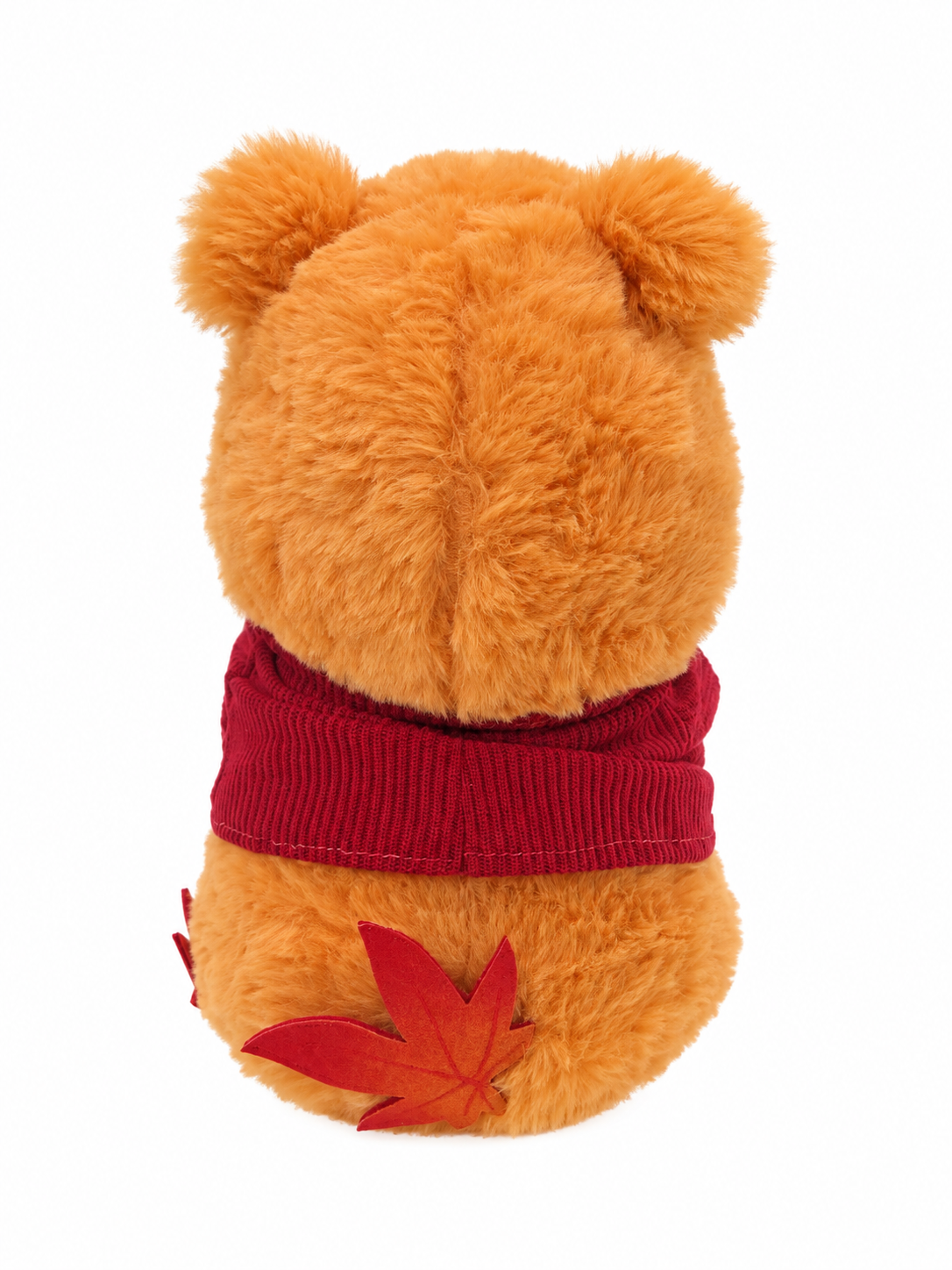 Autumn Bear headcover with red shirt and autumn leaves back view on white background