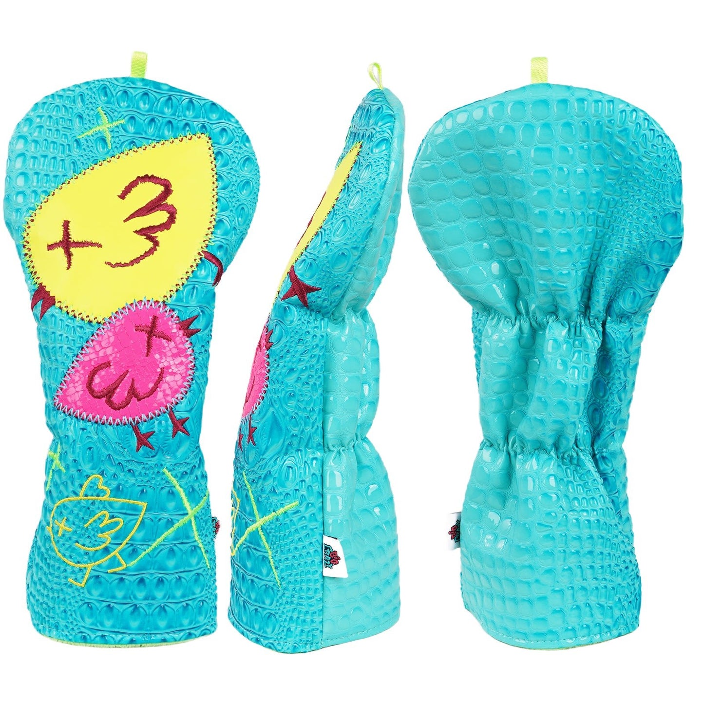 Turquoise children's mittens with colorful designs on a white background
