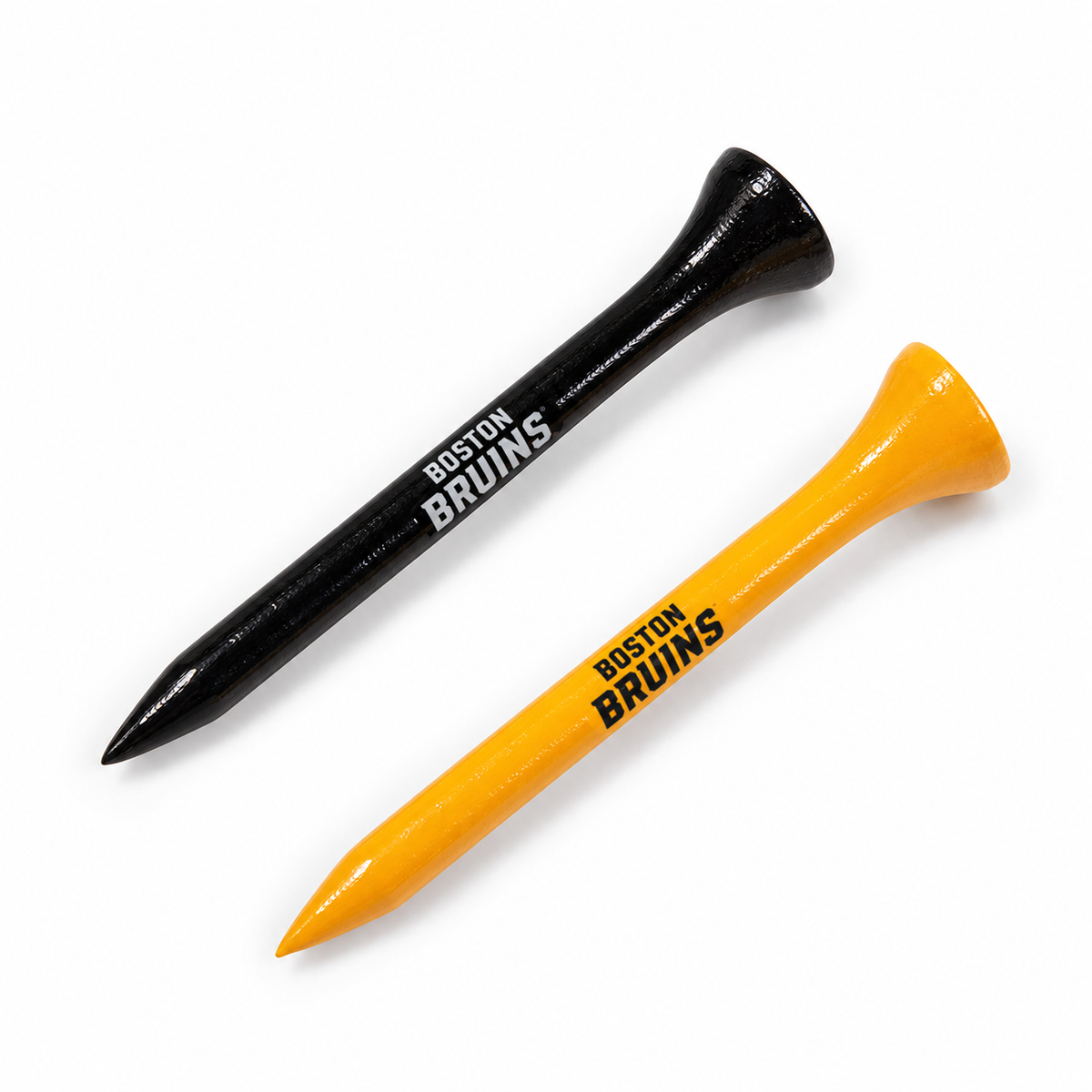 Boston Bruins golf tees in black and gold with team lettering.