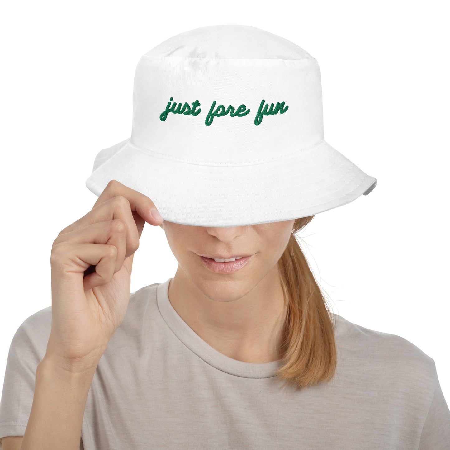 Just Fore Fun Embroidered Bucket Hat – Women’s Golf Hat with a Twist