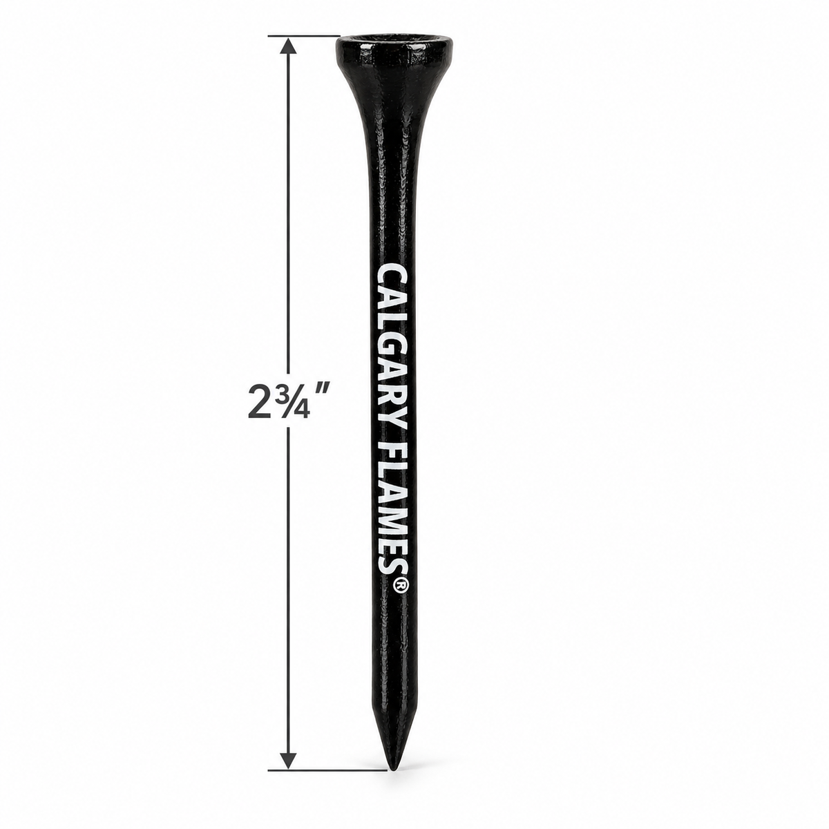 Black Calgary Flames golf tee with a 2¾-inch height measurement.