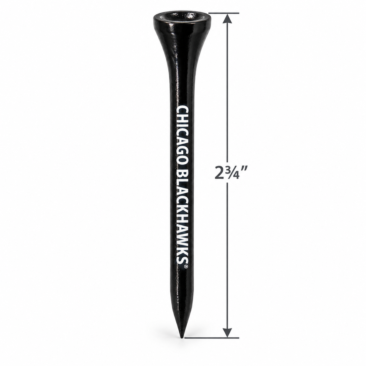 Black Chicago Blackhawks golf tee with a 2¾-inch height measurement.
