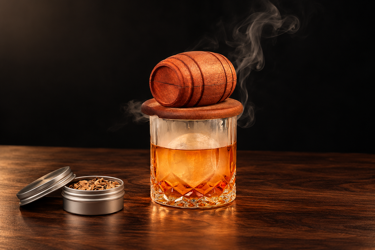 Barrel-shaped oak smoker over a faceted whiskey glass, with wood chips on a dark home-bar surface