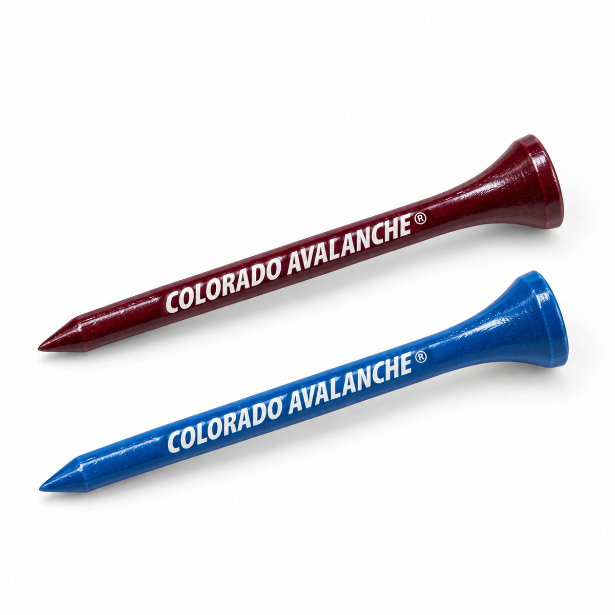 Colorado Avalanche golf tees in burgundy and blue with team lettering.