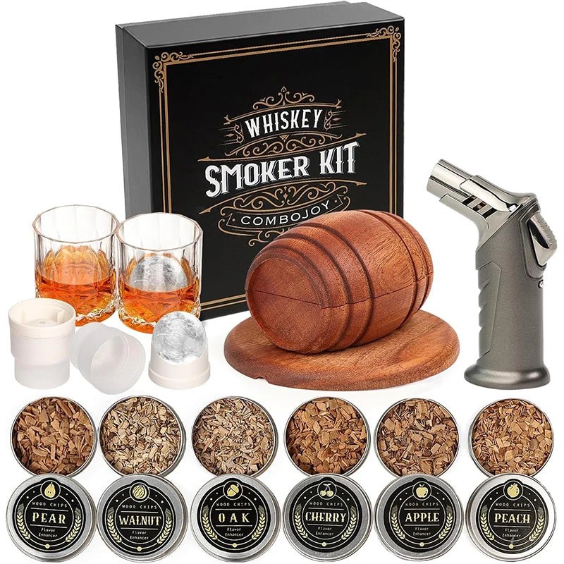 Whiskey smoker gift set with barrel-shaped oak top, torch, six wood-chip tins, two glasses and ice-ball molds
