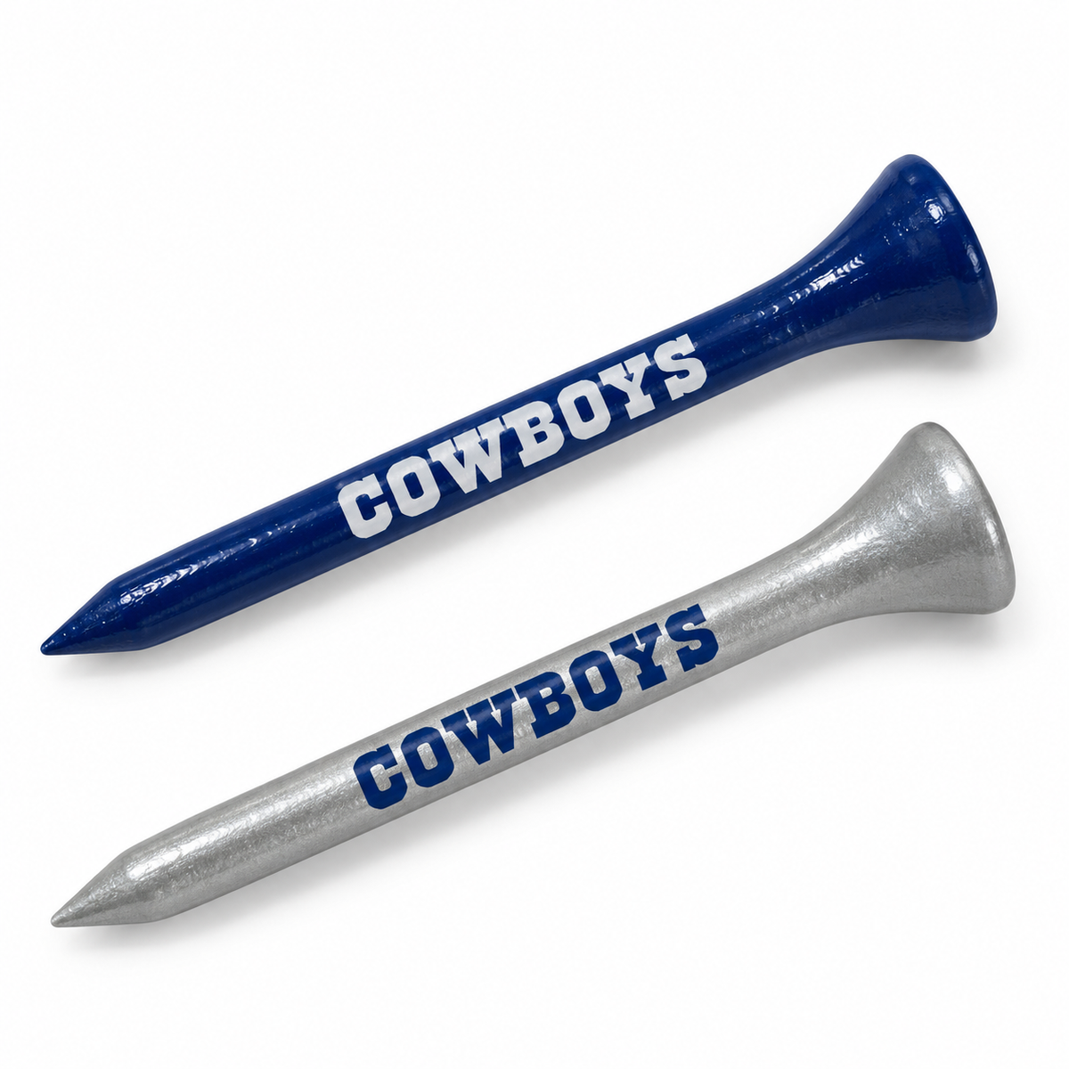 Dallas Cowboys golf tees in blue and metallic silver with team lettering.