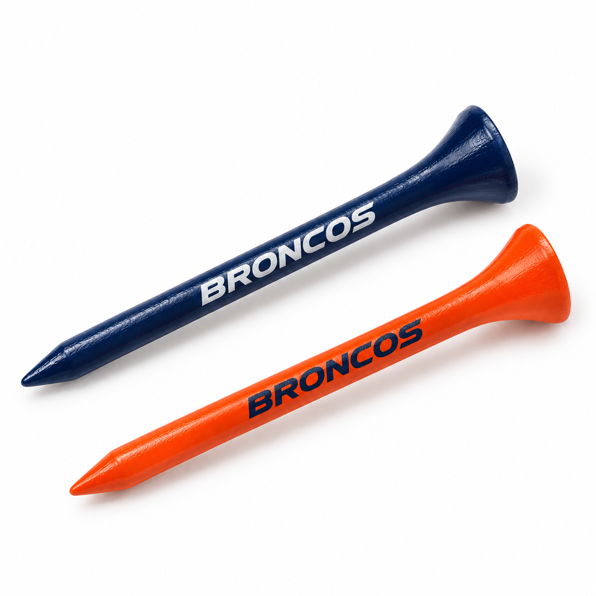 Denver Broncos golf tees in navy and orange with team lettering.