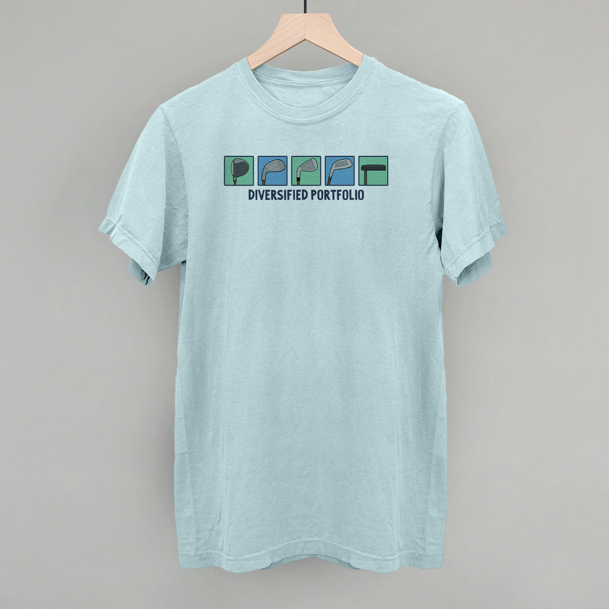 Light blue Diversified Portfolio Golf Clubs T-shirt with a small chest graphic