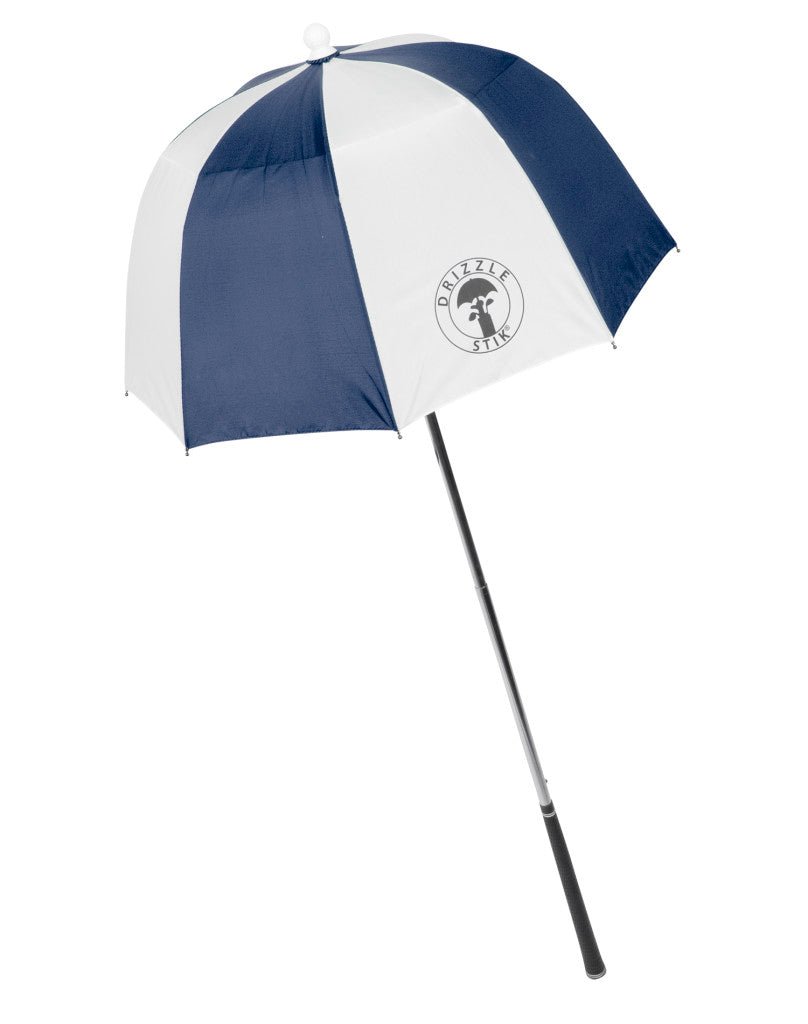 A blue and white golf umbrella with a flexible spring top and a black shaft, featuring a logo on the canopy.